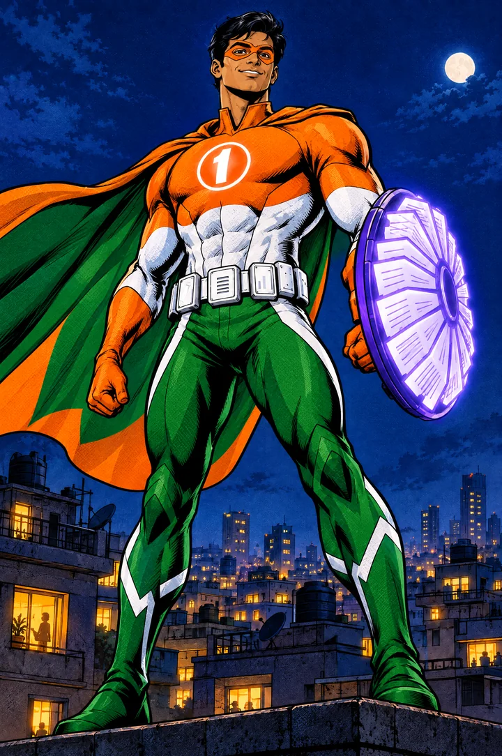 Ekam in his saffron, white and green suit, standing over a city at night with his shield of pages