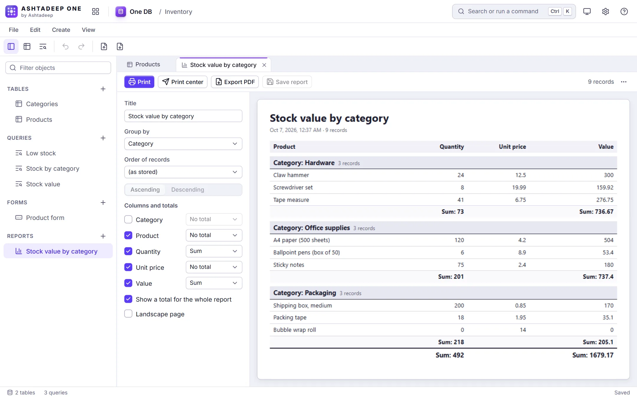 One DB: a report of stock value by category, grouped with totals, next to its settings
