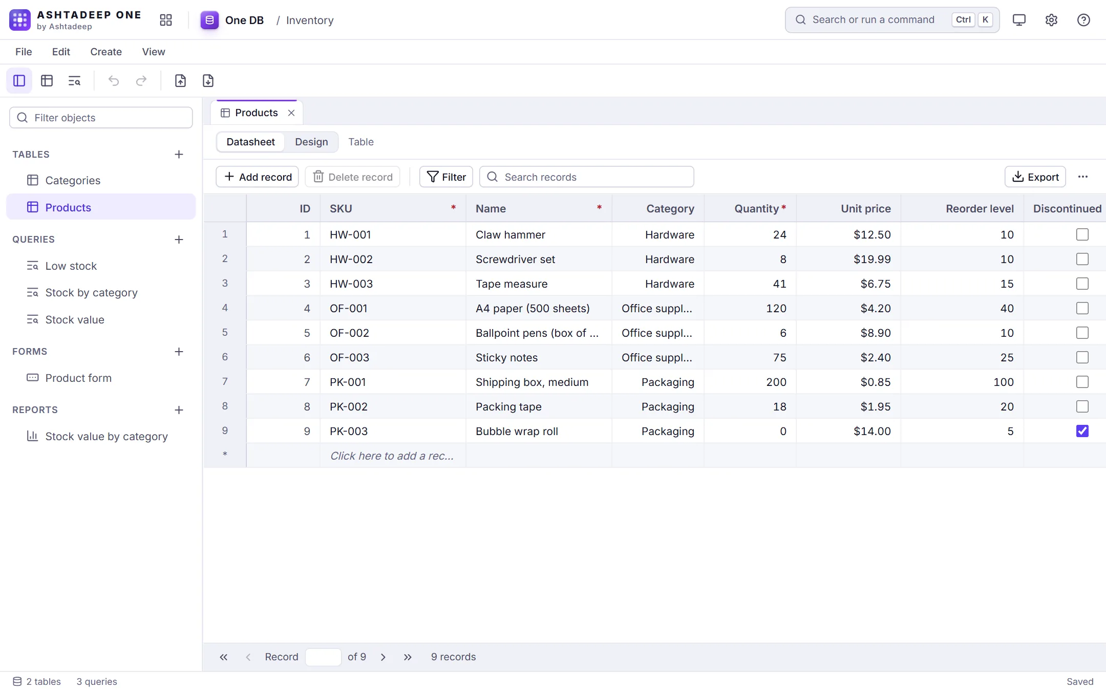 One DB showing an inventory table of nine products with their category, quantity, price and reorder level