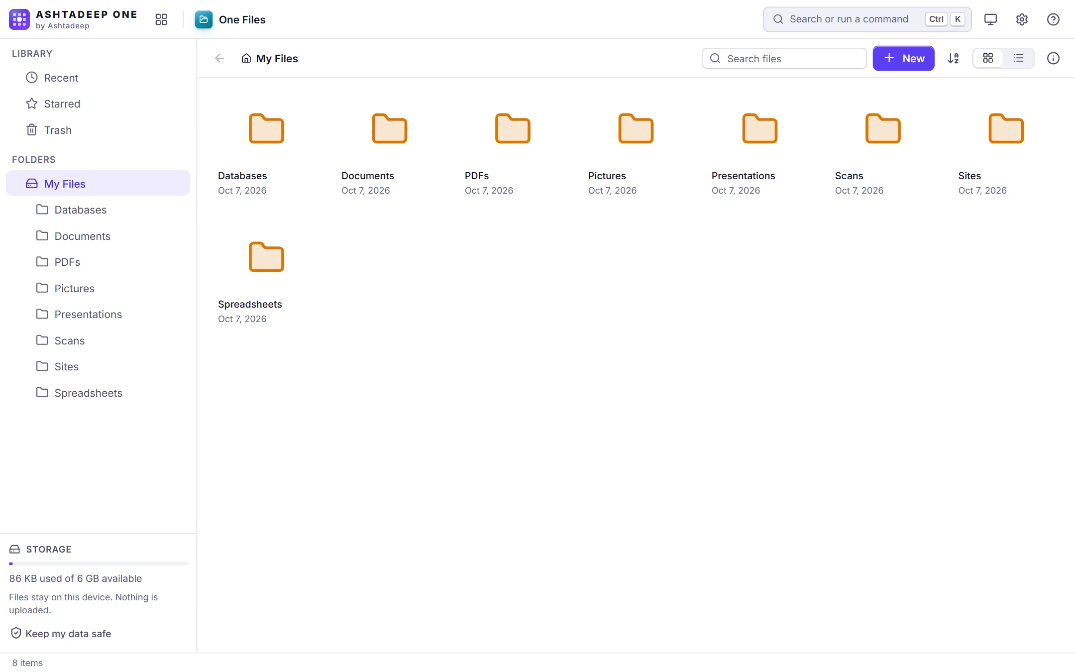 One Files showing folders for databases, documents, PDFs, pictures, presentations, scans, sites and spreadsheets