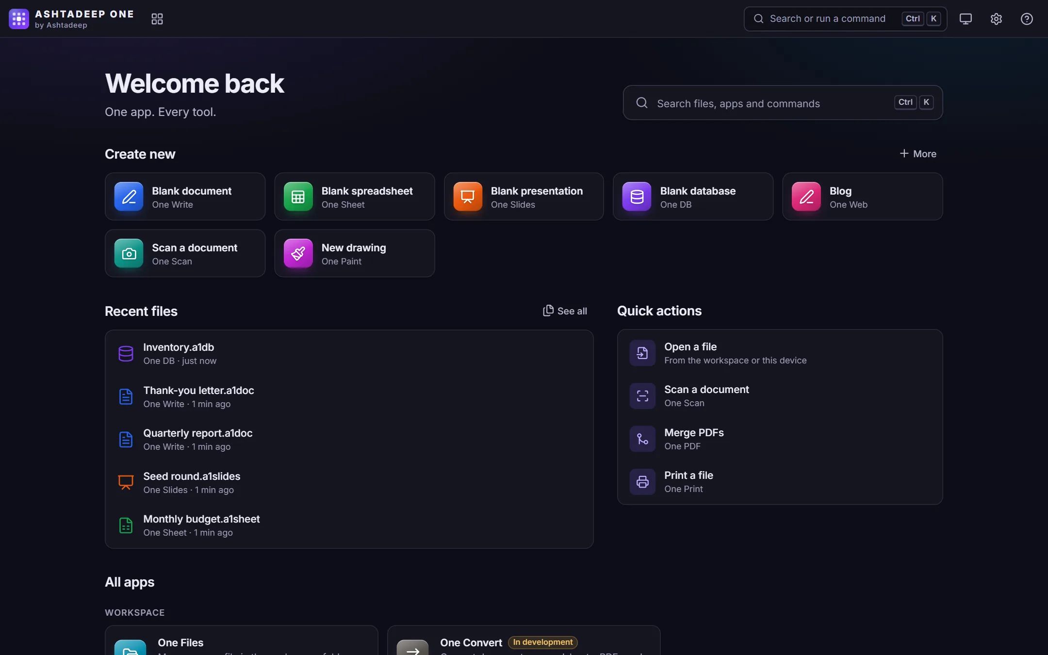 The Ashtadeep One home page in the dark theme, with five recent files