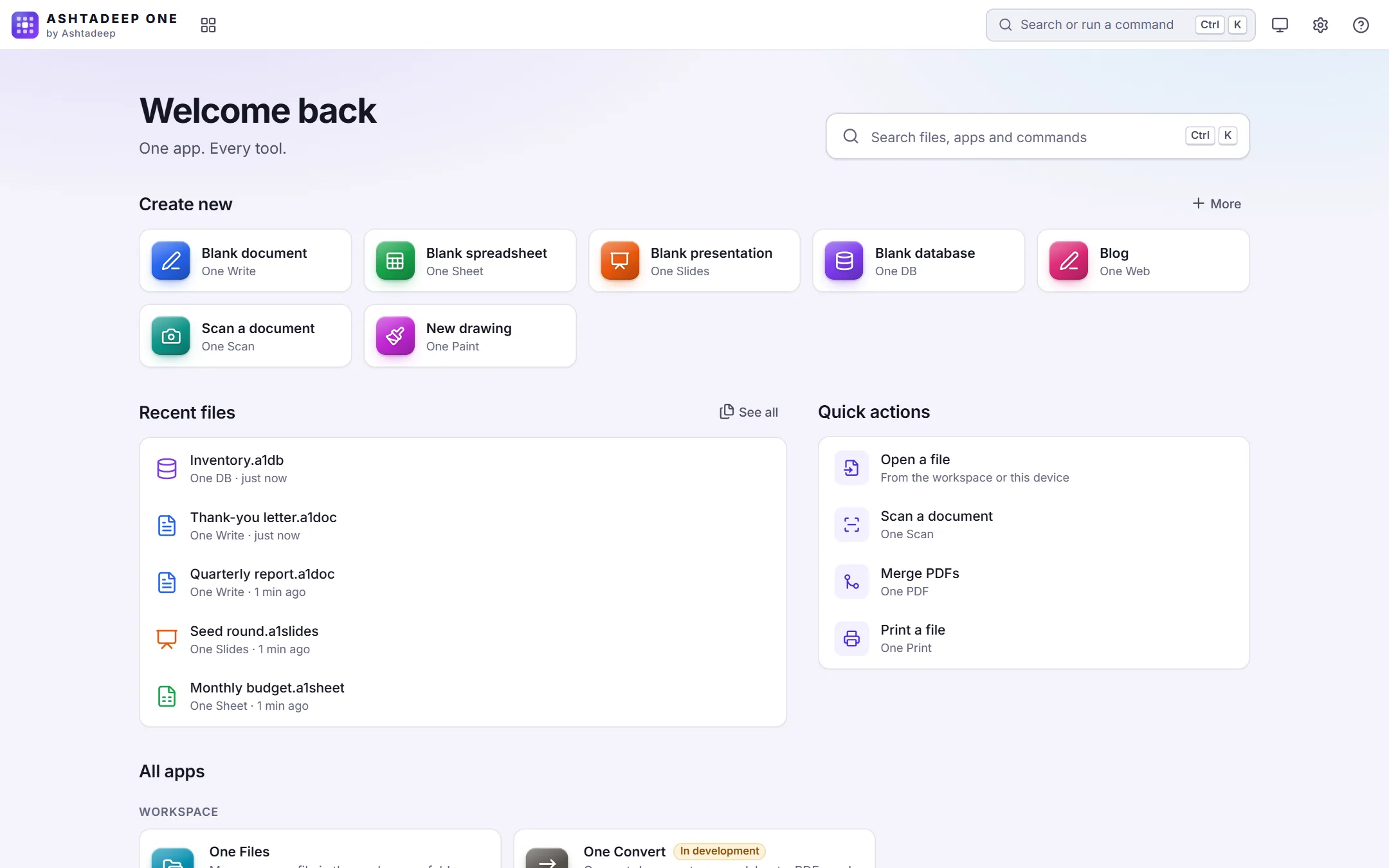 The Ashtadeep One home page: create a document, spreadsheet, presentation, database or blog, recent files, quick actions and every app