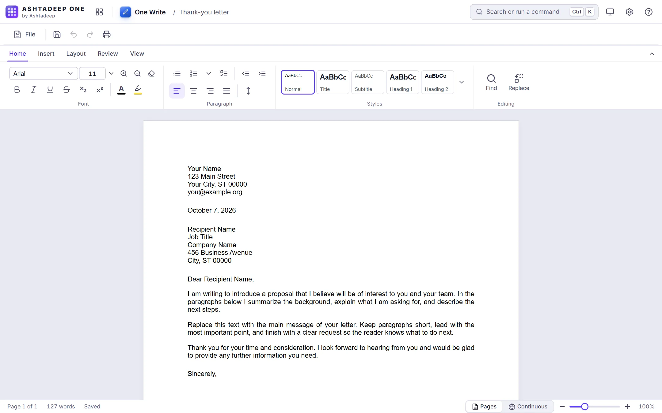 One Write with a letter open on an A4 page, and the Home ribbon with fonts, paragraph settings and styles
