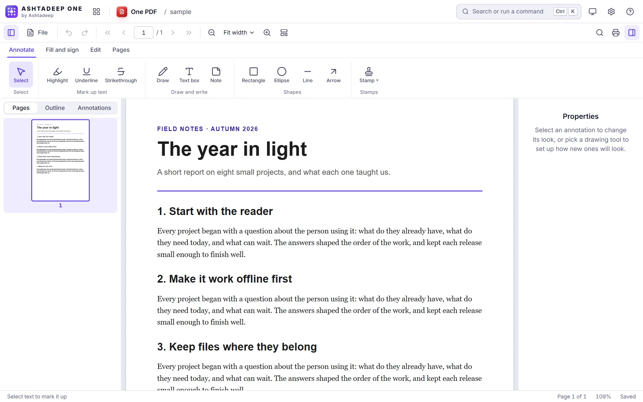 One PDF showing a report with numbered sections, with the annotation tools above it and the page thumbnails beside it