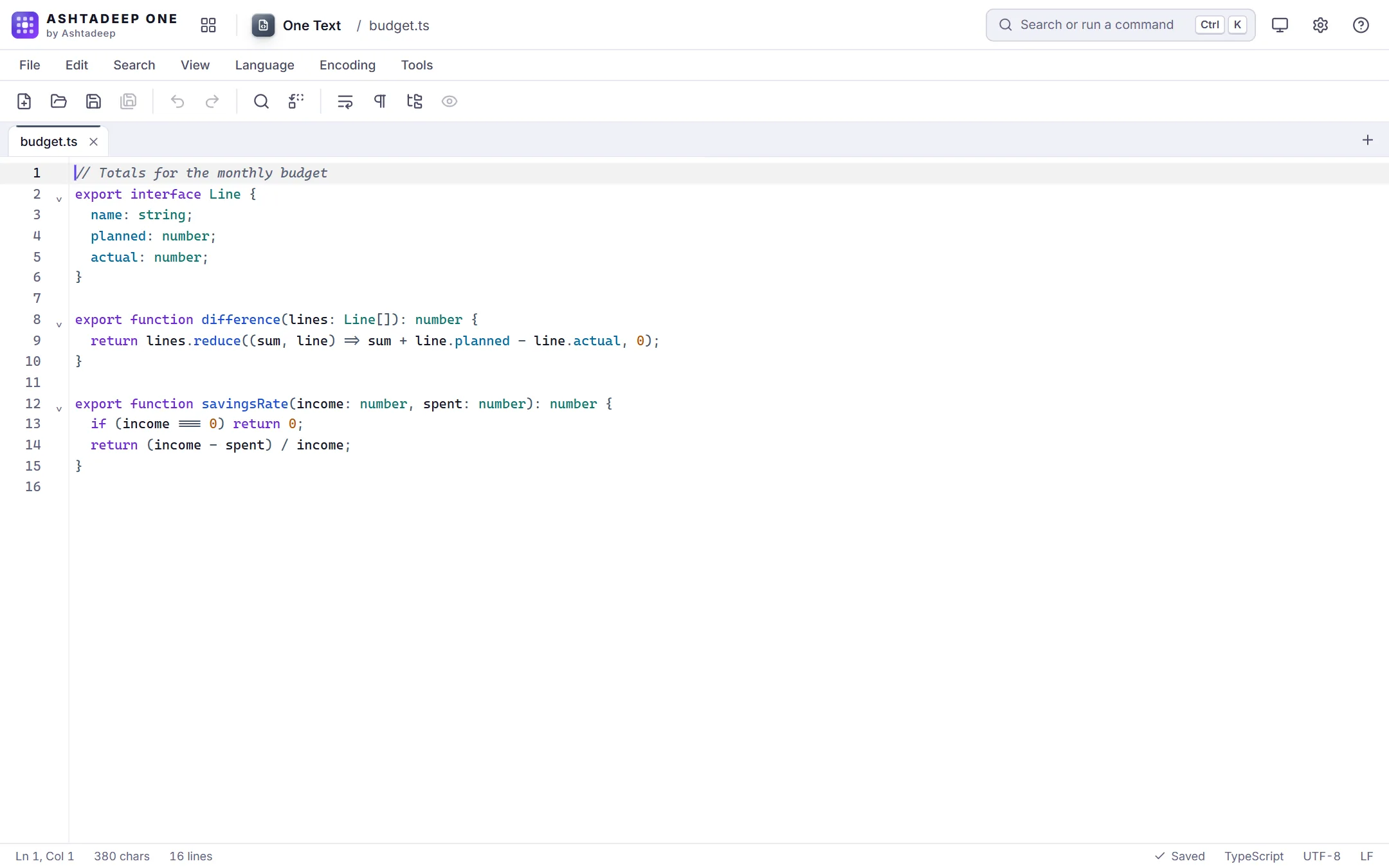 One Text with a TypeScript file open, its syntax highlighted
