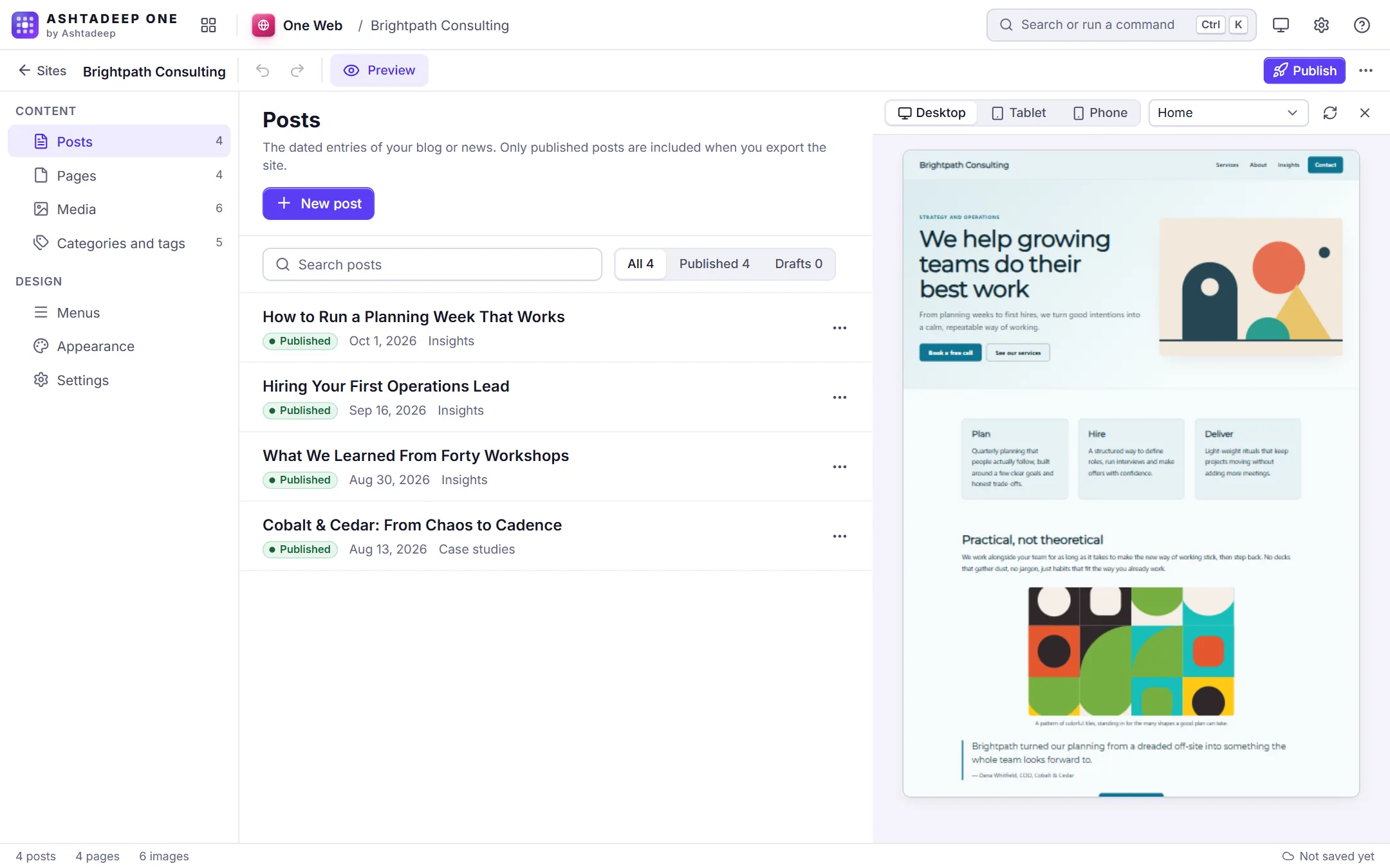 One Web previewing a business website next to its list of blog posts